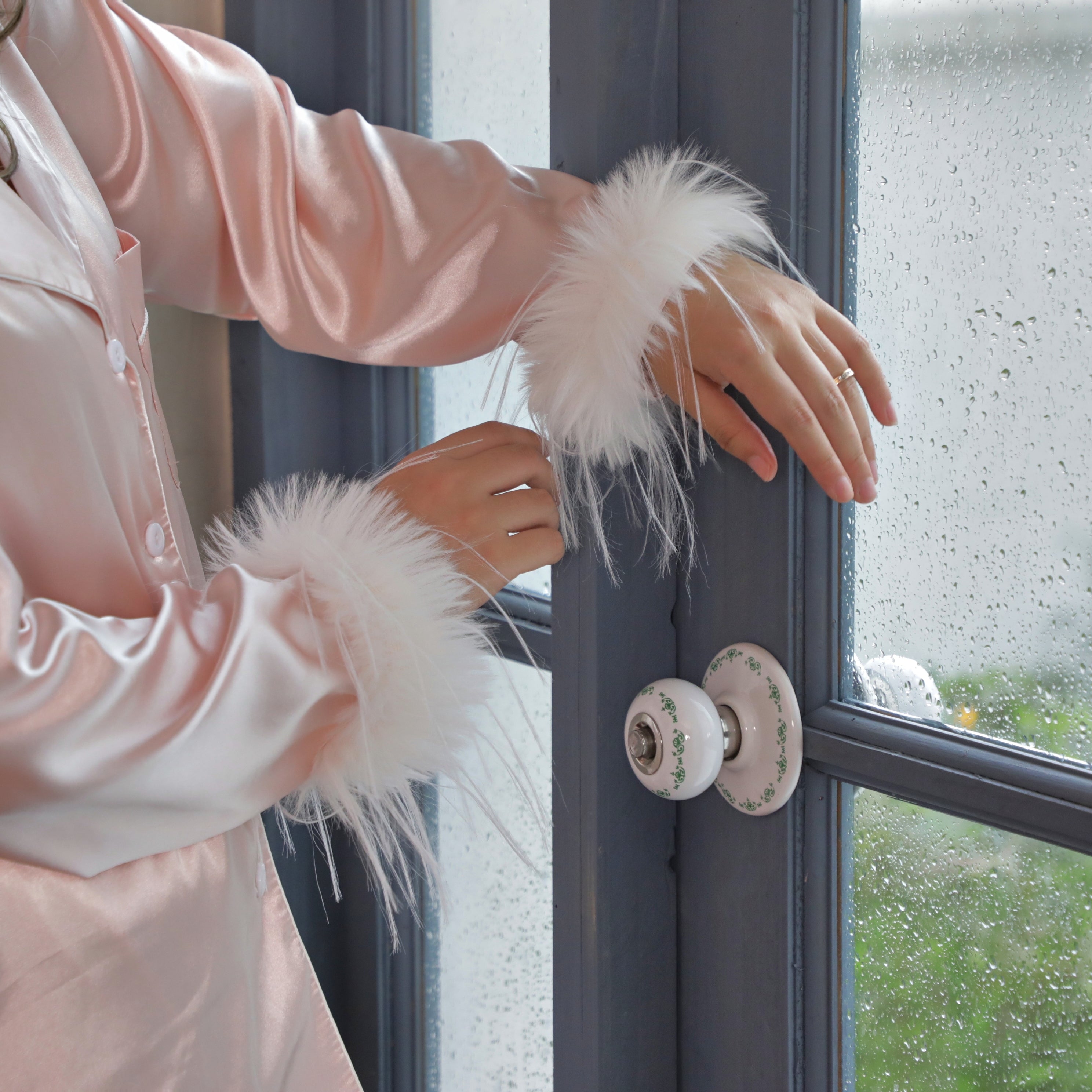 Pale Pink Feather Trim Satin Pyjama Set - Elegant Sleepwear for Women
