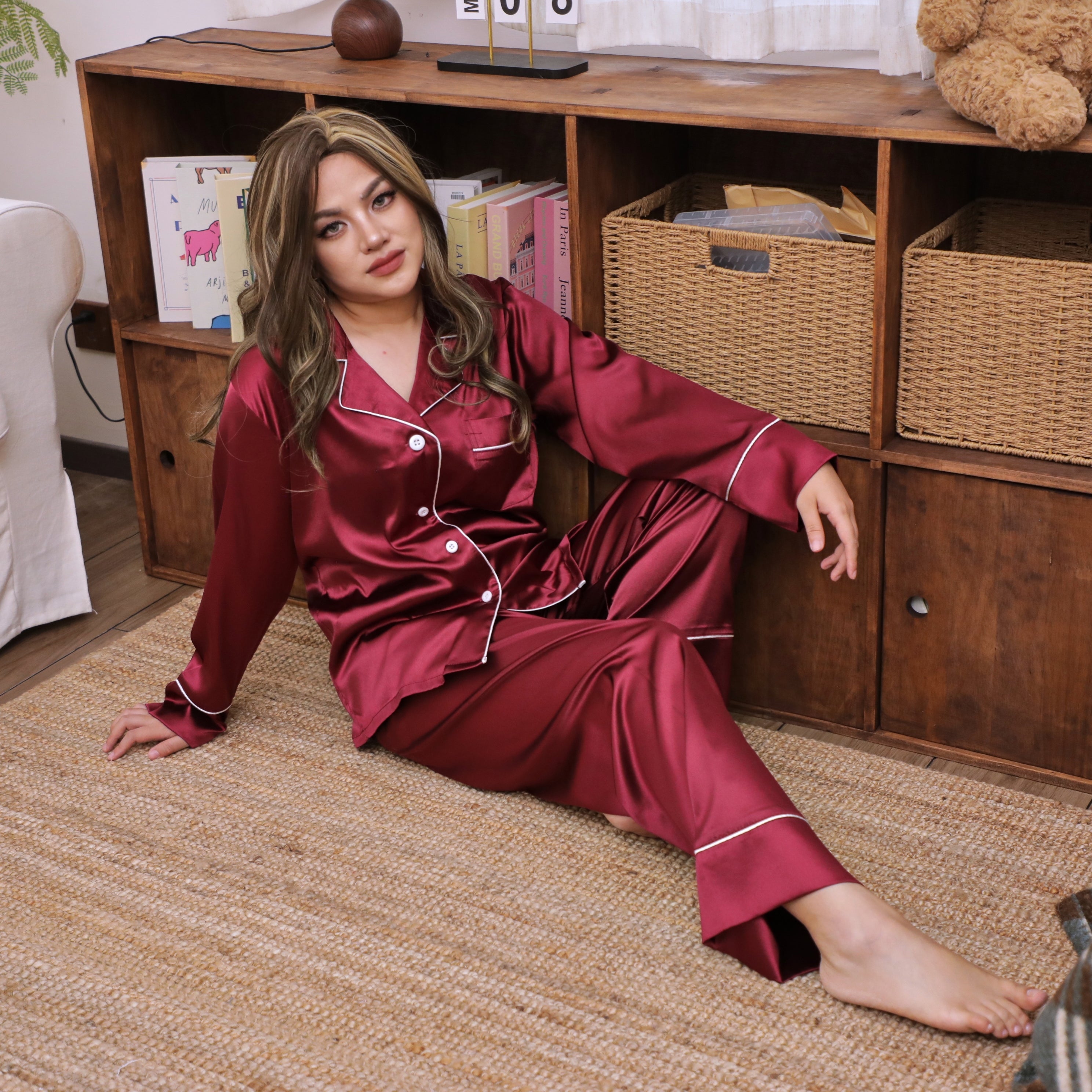 Red Satin Pyjama Set – Lightweight Button-Up for Elegant Lounging