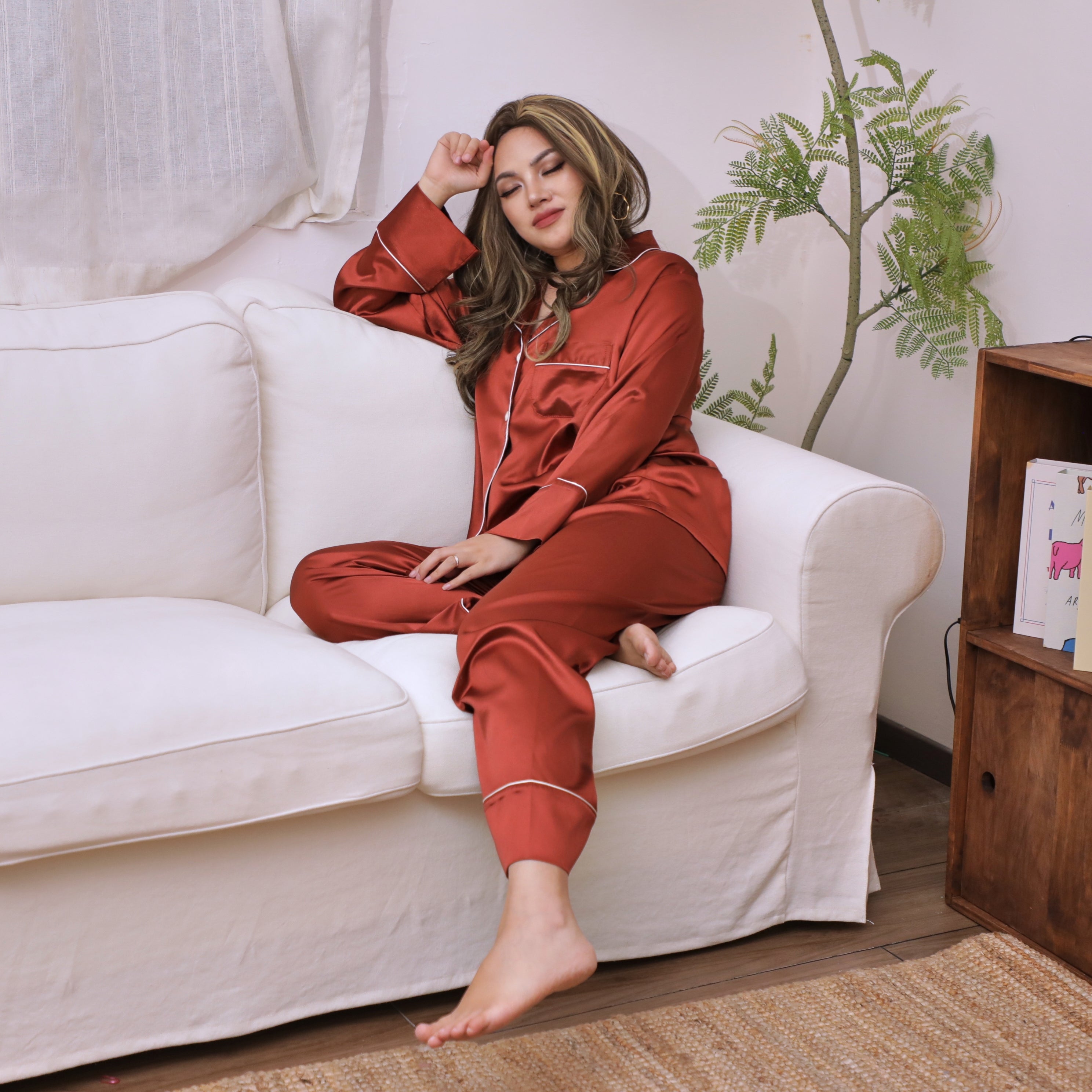 Orange Satin Pyjama Set – Lightweight Button-Up for Elegant Lounging