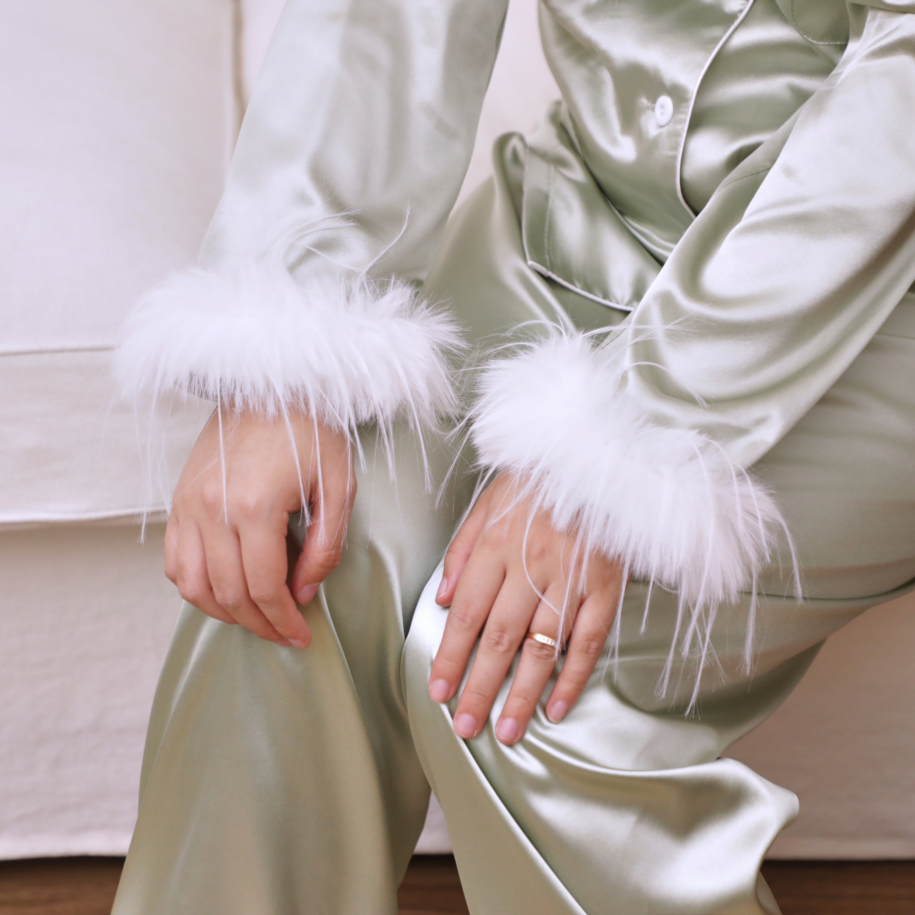 Honeydew Green Feather Trim Satin Pyjama Set - Elegant Sleepwear for Women