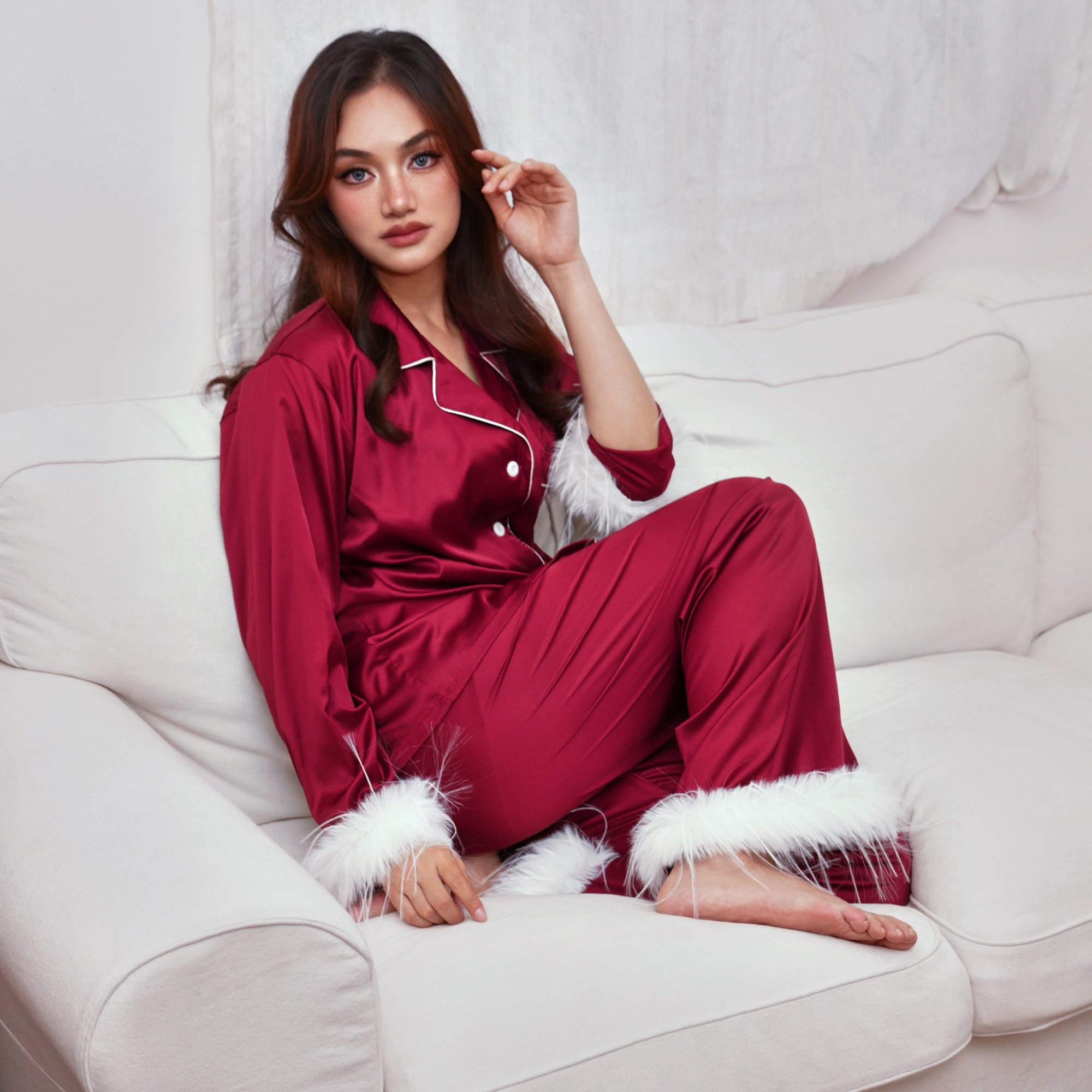 Red Feather Trim Satin Pyjama Set - Elegant Sleepwear for Women