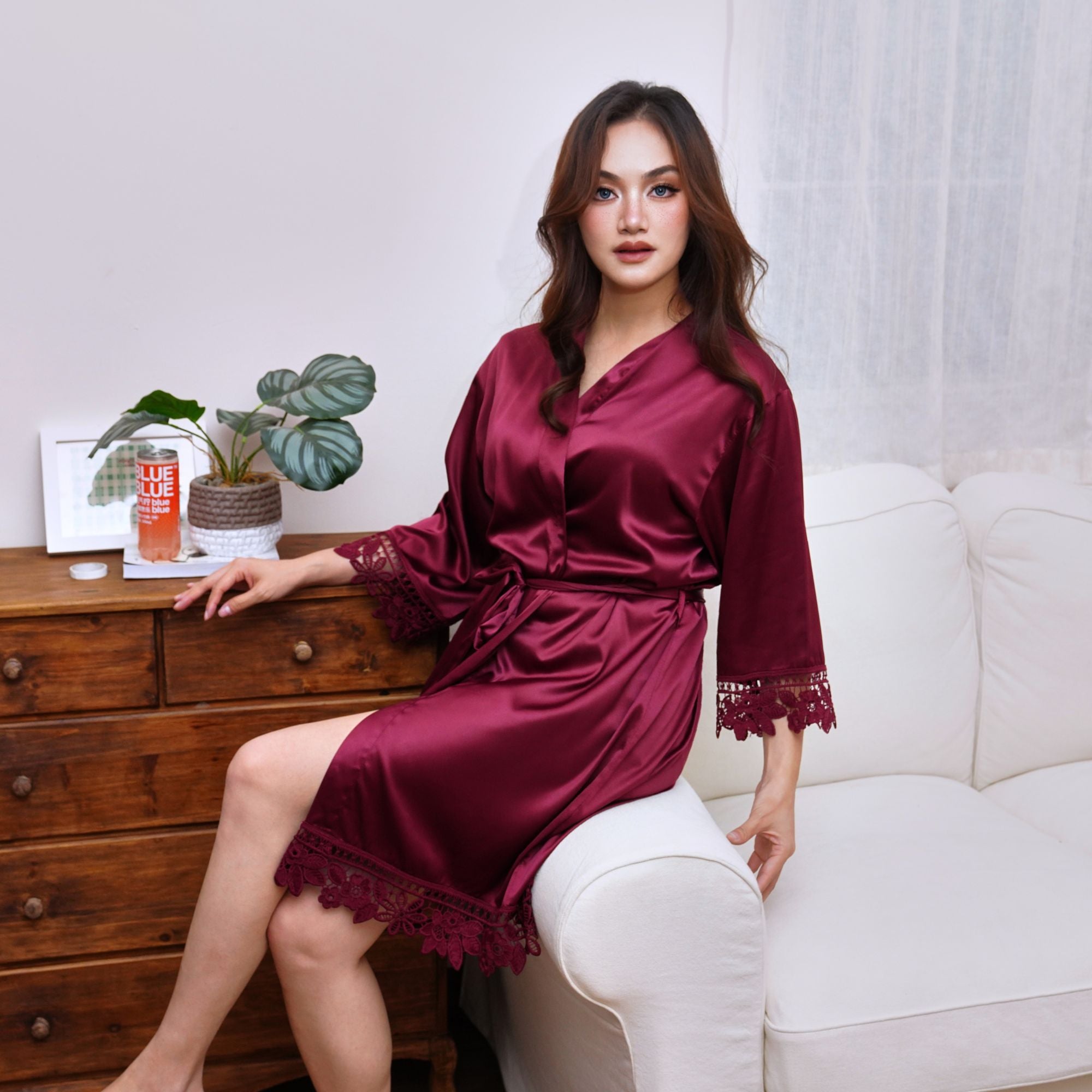 Burgundy Satin Robe for Women – Soft & Silky with Delicate Lace Trim