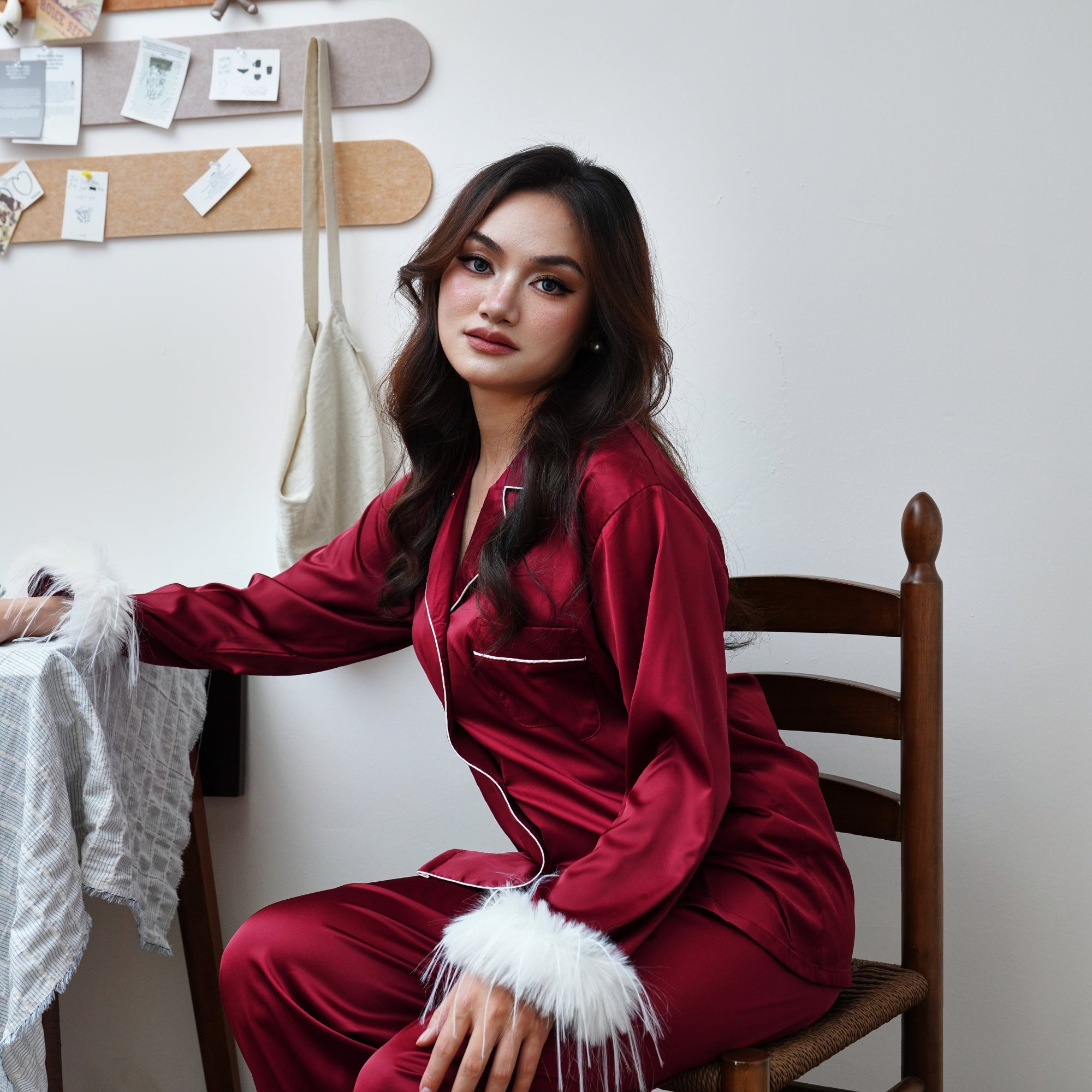 Red Feather Trim Satin Pyjama Set - Elegant Sleepwear for Women