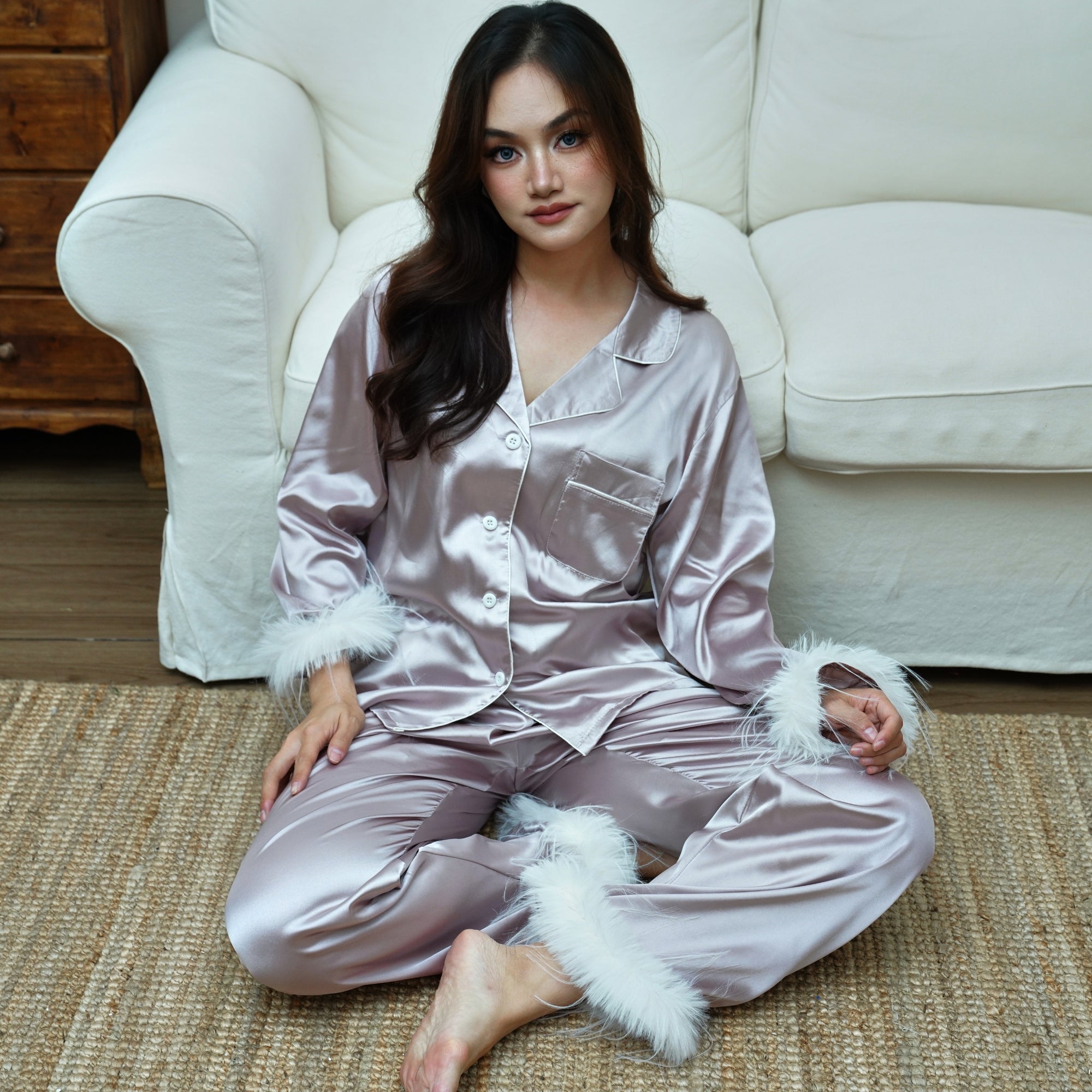 Lavender Feather Trim Satin Pyjama Set - Elegant Sleepwear for Women