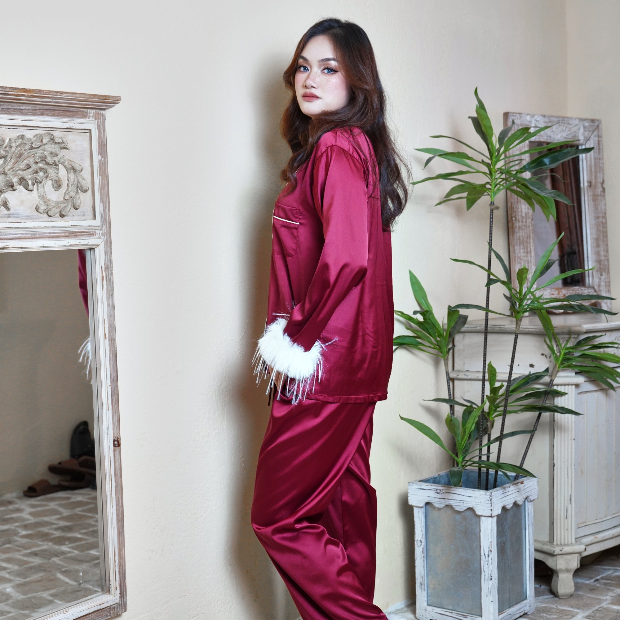 Red Feather Trim Satin Pyjama Set - Elegant Sleepwear for Women