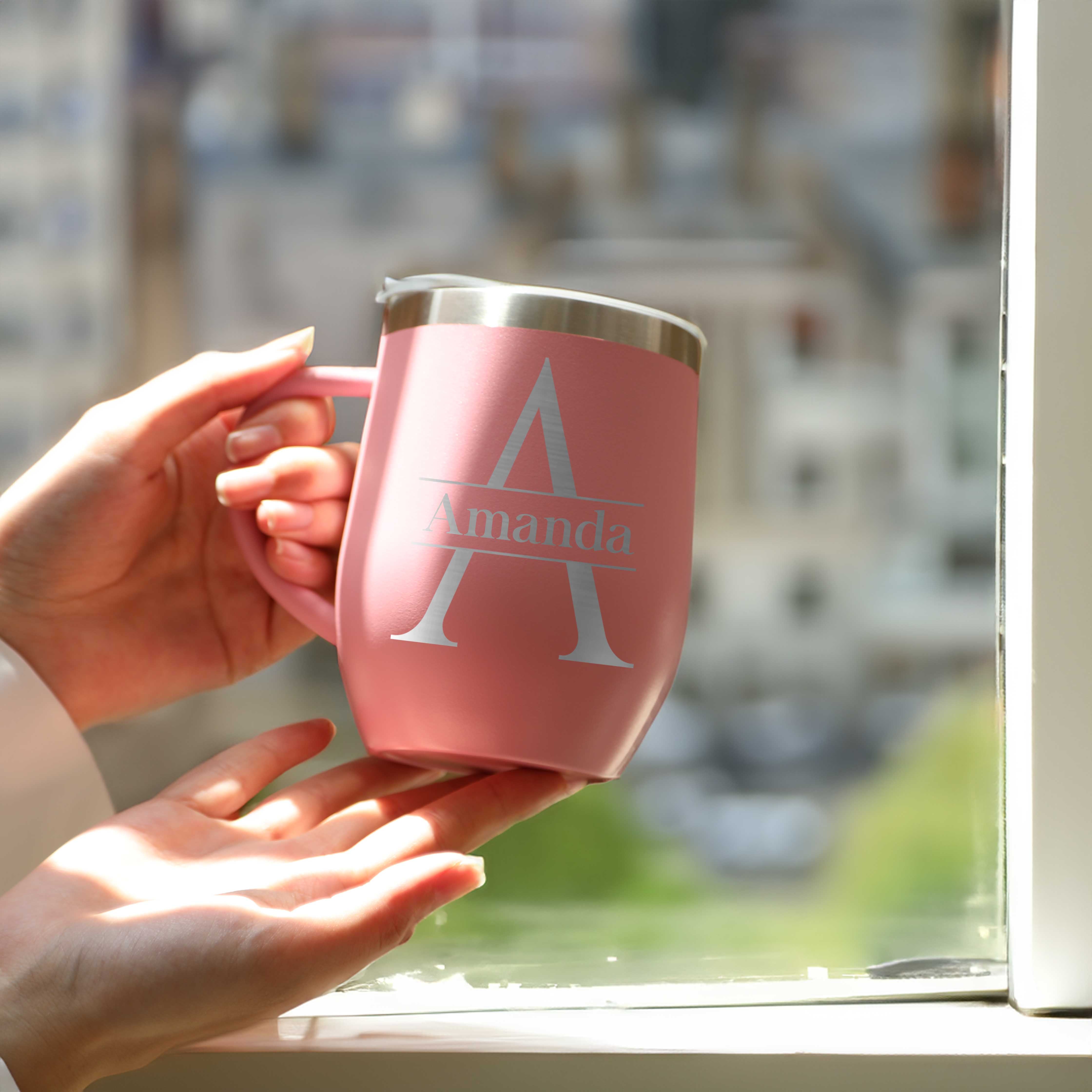 Personalized stainless steel coffee cup tumbler, Cup with Handle, Custom 12oz Travel Cup, Insulated Name tumbler, Etched Monogram Mugs
