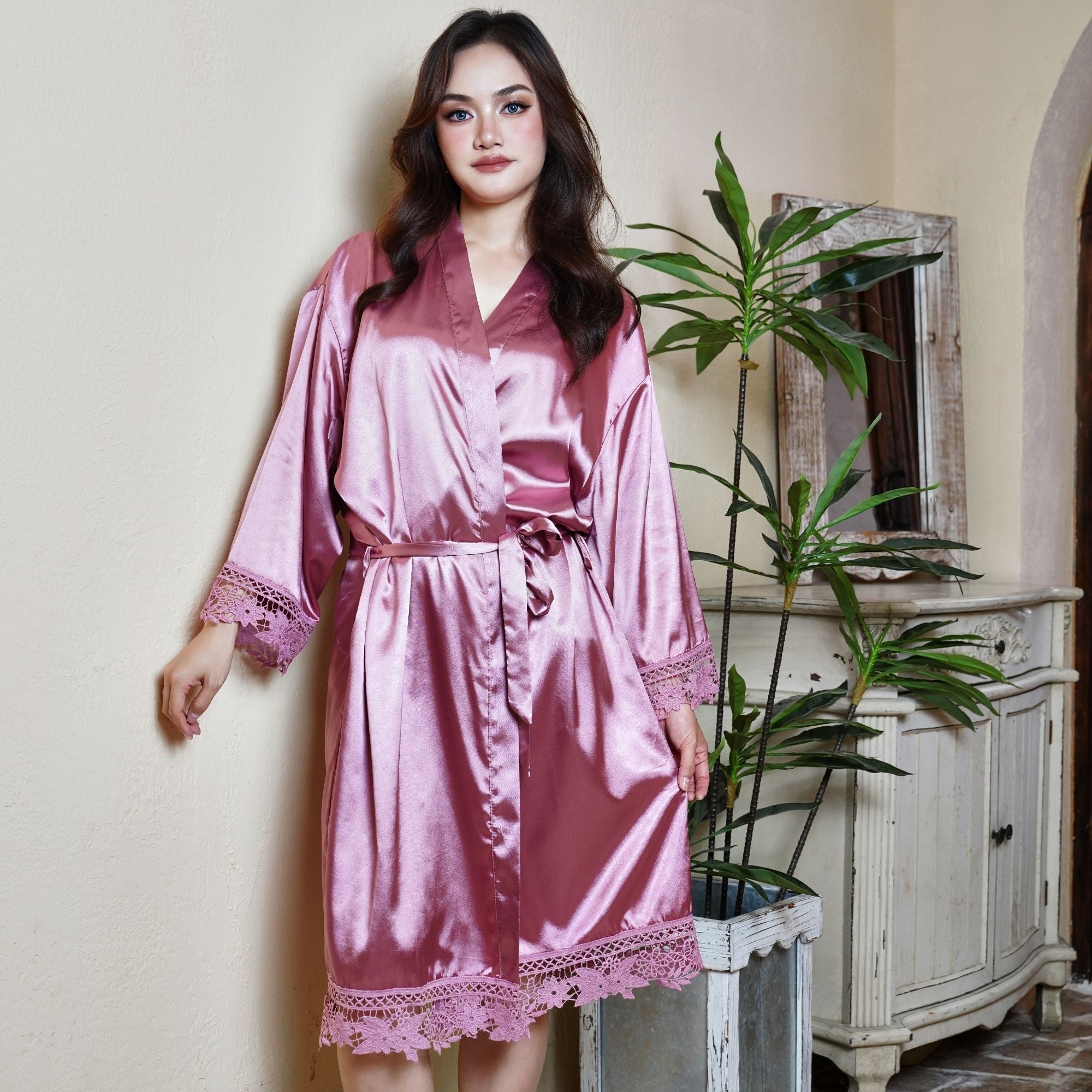 Pink Satin Robe for Women – Soft & Silky with Delicate Lace Trim